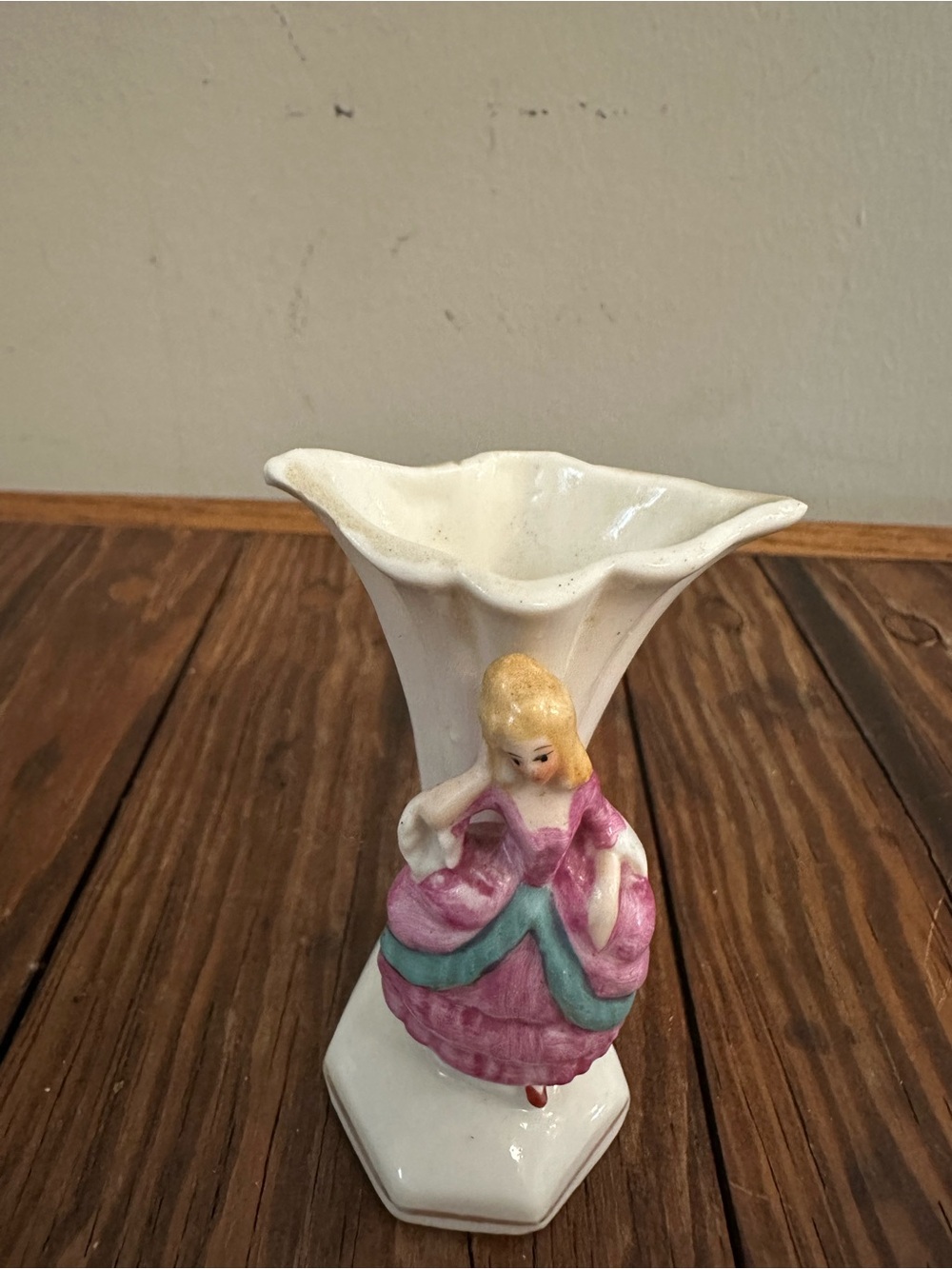 White Ceramic Vase with Pink Dress Figurine Accent